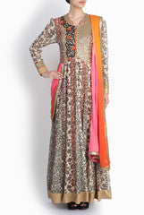 Pralii Printed Black & Orange Draped Dupatta Anarkali