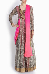Pralii Printed Black & Pink Draped Dupatta Anarkali