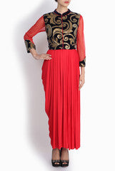 Praliii Red Kurti With Blue Embroidered Velvet Gilet
