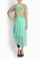 Pralii Muted Aquamarine Drape Kurti With Zari Gilet