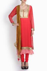 Pralii Red Pink Layered Straight Kurti With Bandhani Dupatta