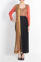 Pralii Tomato Red & Black Embroidered Drape Kurti With Dupatta