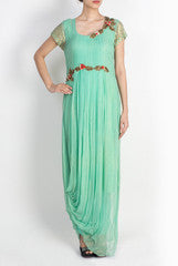 Pralii Aquamarine Embroidered Drape Suit With Pants