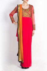 Pralii Red & Orange Drape Gown With Dupatta