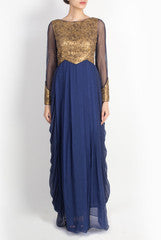 Pralii Dark Midnight Blue Embroidered Drape Gown