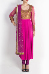 Pralii Magenta Embroidered  Drape Suit Set
