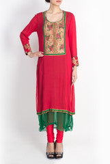 Pralii Red & Green Layered Straight Kurti