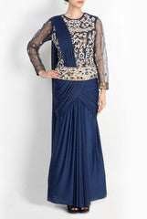 Pralii Imperial Blue Embroidered Drape Concept Saree