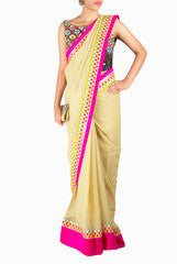 Priti Sahni Golden Saree with Kutch Work Blouse