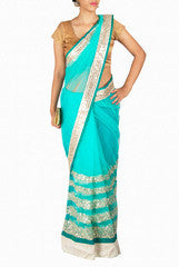 Priti Sahni Aqua Blue Net Saree