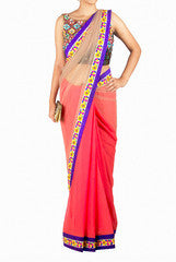 Priti Sahni Beige and Coral Saree