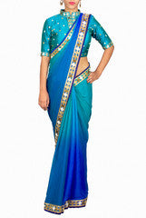 Priti Sahni Blue Ombre Pure Chiffon Saree