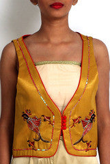 Pritam Saha Bright Gold Zari Brocade Waistcoat