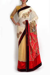 Pritam Saha Crimson & Ecru Sari