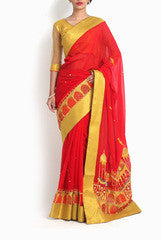 Pritam Saha Red Georgette Sari with aari work