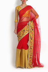 Pritam Saha Red Multi Panelled Sari