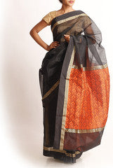 Rajyalakshmi Black and Orange Banarsi Silk Saree