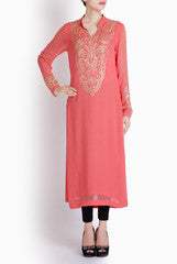 Ridhi Arora Carrot Pink Tunic With Golden Zari Yoke Embroidery