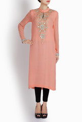 Ridhi Arora Carrot Pink Tunic With Mirror And Resham Work