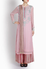 Ridhi Arora Light Pink Tunic With Grey Resham Embroidery And Shibori Palazzos