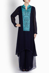 Ridhi Arora Navy Blue Tunic With Blue Resham Yoke and Palazzos