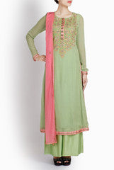 Ridhi Arora Pista Green suit with Palazzos and Pink Duppatta
