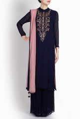 Ridhi Arora Navy Blue Tunic With Swarovski Work Yoke With Palazzos and Duppatta