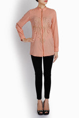 Ridhi Arora Peach Crepe Shirt With Lotus Swarovski Motif