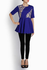 Ridhi Arora Royal Blue Peplum With Off White Resham Embroidery