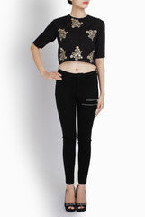 Ridhi Arora Black Crop Top With Golden Zari And Sequence Bootis