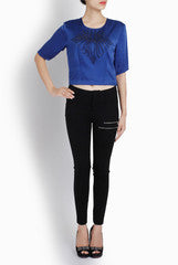 Ridhi Arora Royal Blue Crop Top With Black Swarovski Lotus Motif