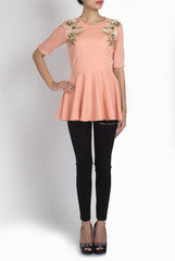 Ridhi Arora Peach Crepe Peplum With Sequence Embroidery On Shoulders