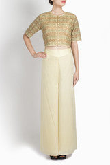 Ridhi Arora Golden Beaded Crop Top With Golden Satin Palazzos