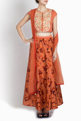 Ridhi Arora Rust Orange Crop Top With Printed Skirt And Duppatta
