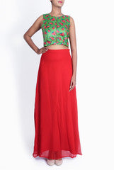 Sindhu Reddy Green Floral Crop Top And Skirt