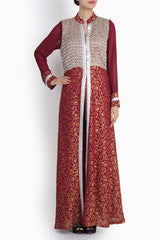 Siya Maroon Golden Brocade Jacket Dress