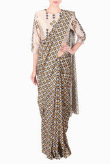 SOUP by Sougat Paul Beige Printed Saree with Stitched Blouse