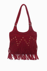 Tisora Maroon Rivet Fringe Bag