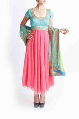 Tritiya Turquoise Green and Pink Anarkali