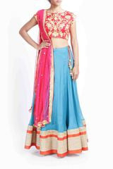 Tritiya Blue Kota Lehenga With Red Rawsilk Blouse