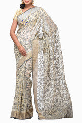 Uppada Beige Banaras Handloom Lenin  Saree