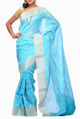 Uppada Blue Handloom Silk and Lenin Saree
