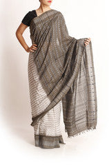 Uppada White and Olive Cotton Handloom Saree