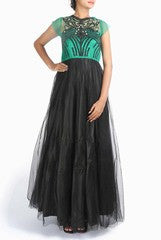 VARUN CHAKKILAM GREEN AND BLACK EMBROIDERED FLARED GOWN