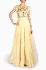 VARUN CHAKKILAM CREAM EMBROIDERED FLARED GOWN