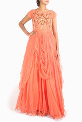 VARUN CHAKKILAM CORAL EMBLISHED FLARED GOWN