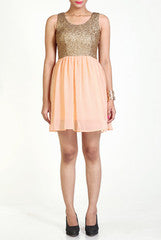 Vivacious In Vogue Gold Sequenced Peach Dress