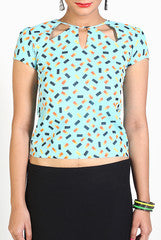 Vivacious In Vogue Geometric Blue Cut Out Top