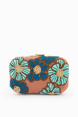 Panzy Garden Clutch(Aqua and Royal Blue on Caramel )