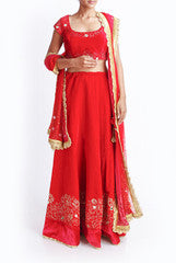 Mansi Vuppala Pink & Red Velvet Lehenga Set